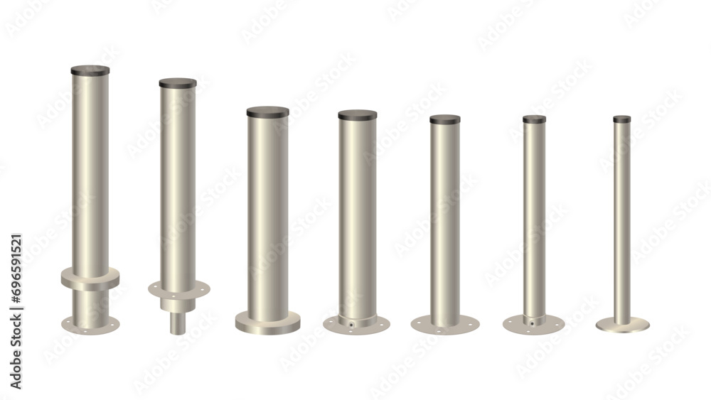 Metal columns with caps of different diameters. Steel 3d pipes. Metal poles. Vector design for advertising banners of street lamps
