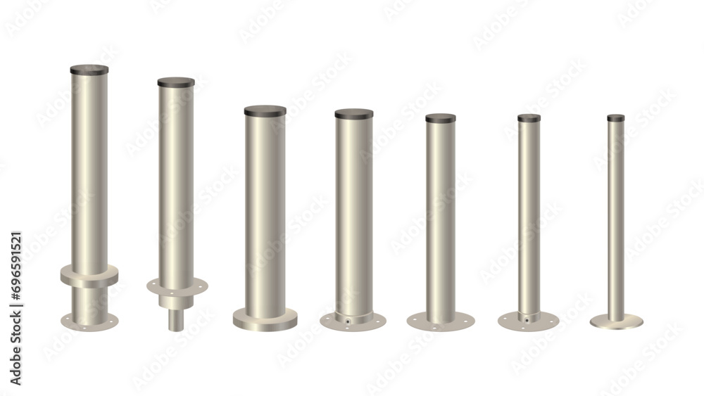 Metal columns with caps of different diameters. Steel 3d pipes. Metal poles. Vector design for advertising banners of street lamps Metal columns with caps of different diameters. Steel 3d pipes. Metal poles. Vector design for advertising banners of street lamps