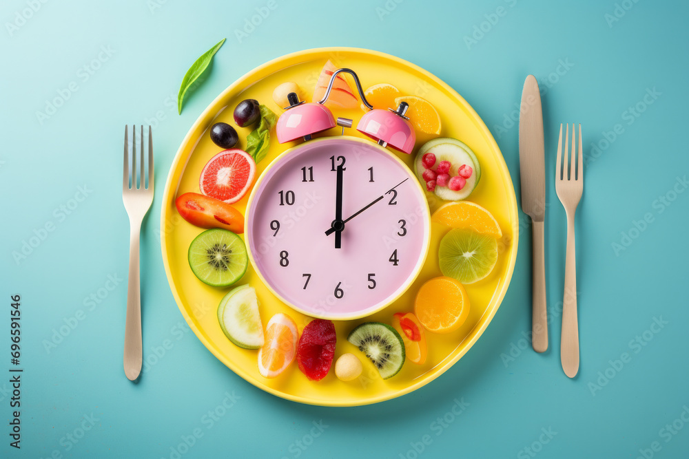 Colorful food and cutlery arranged in the form of a clock on a plate. Intermittent fasting, diet, weight loss, lunch time concept. Food and time intermittent fasting concept. Time for food - clock mad - obrazy, fototapety, plakaty 