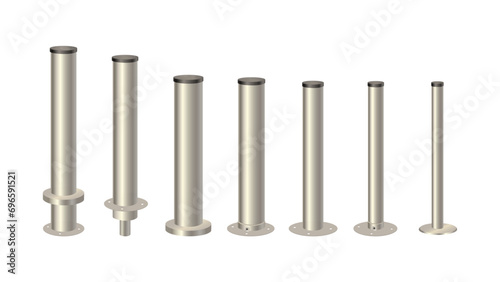 Metal columns with caps of different diameters. Steel 3d pipes. Metal poles. Vector design for advertising banners of street lamps