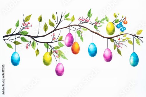 Colorful Easter eggs hanging on branch with leaves on white background. Spring time Easter holiday site header illustration