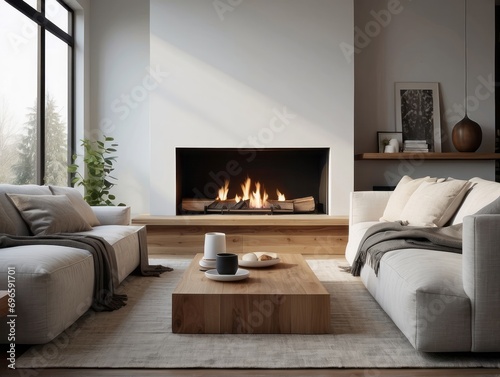 White sofa with blanket and wooden coffee table against fireplace with firewood stack © Dhiandra