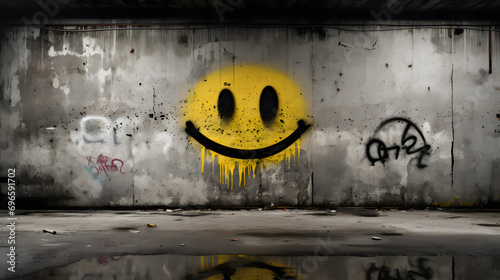 smiley face graffiti sprayed on a wall