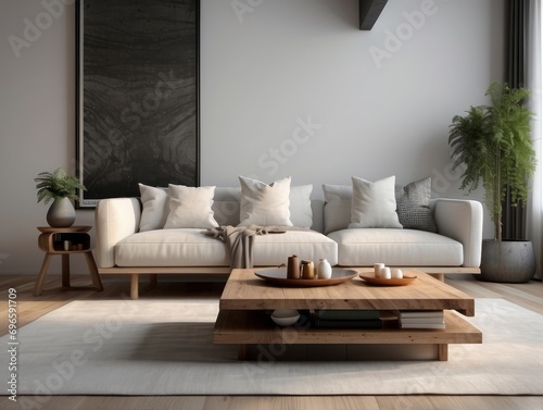 White sofa with blanket and wooden coffee table against fireplace with firewood stack