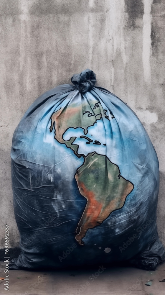 Obraz premium Earth Inside a Trash Bag: A Reminder That Our Planet Is Not a Dumping Ground, AI Generative
