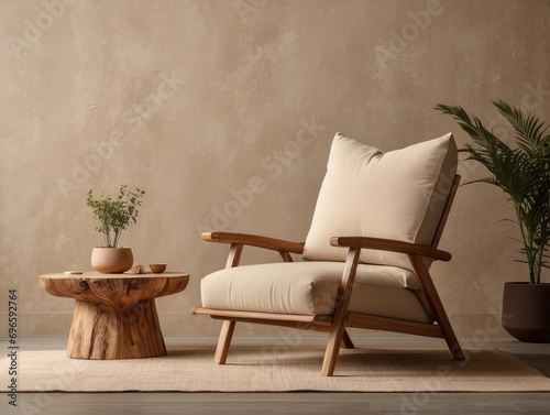 Fabric lounge chair and wood stump side table against beige stucco wall with copy space