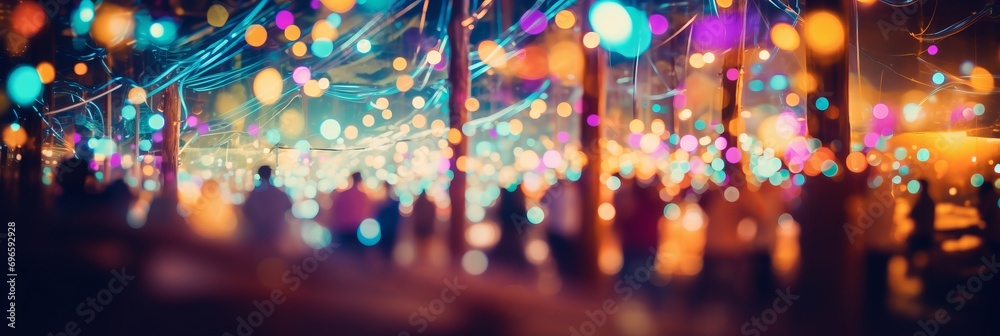 Dynamic bokeh effect at music festival with live band, colorful lights, and blurred crowd dancing.