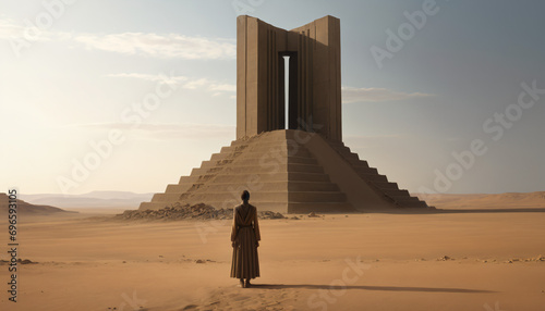 Woman in a dress standing before ancient ruins in the desert at sunset.