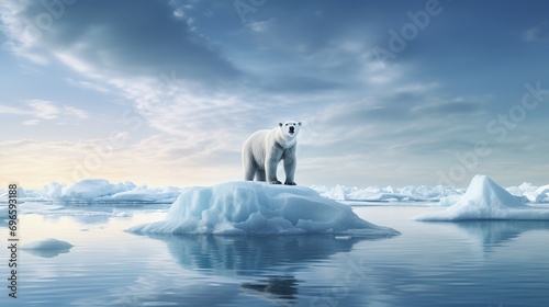 Climate change concept with polar bear standing on small iceberg in the middle of the ocean