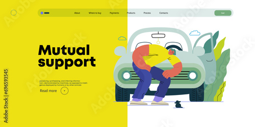 Mutual Support: Adopting a stray animal -modern flat vector concept illustration of man stopping his car for a kitten on the road A metaphor of voluntary, collaborative exchanges of resource, services