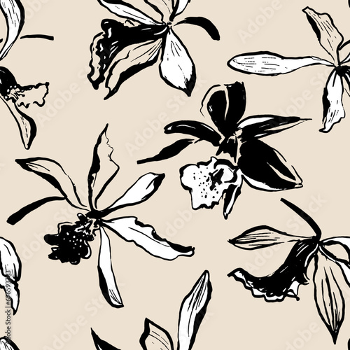 Floral vector seamless pattern with black and white sketchy hand drawn orchid flowers  on off-white background, loose drawing. 
