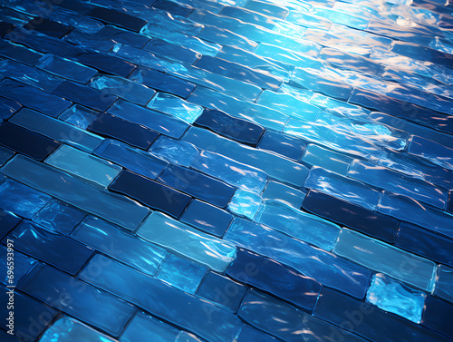 blue tiles of a pool floor with water