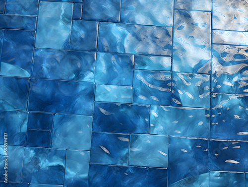 blue tiles of a pool floor with water