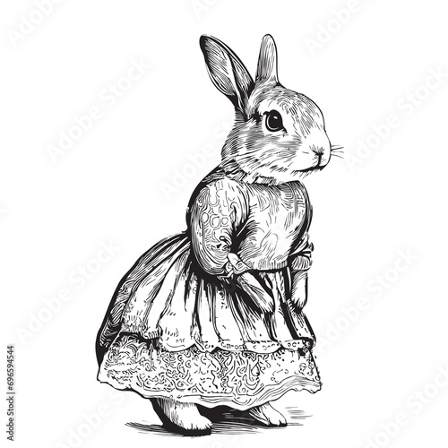 Rabbit in dress retro sketch hand drawn illustration