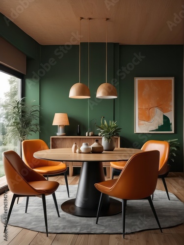  chairs at wooden round dining table. Scandinavian home interior design of modern dining room