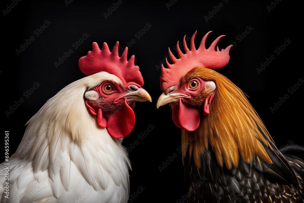rooster on the background. Close-up of rooster against black background. Colorful rooster symbol head angry .Close-up portrait of two black hens 