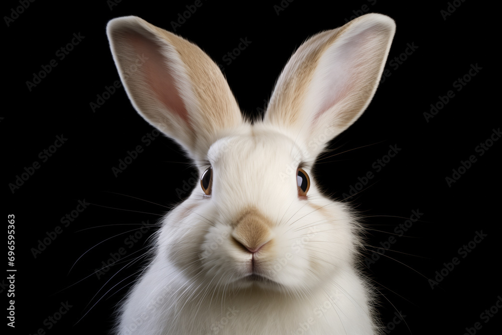 white rabbit on black background. Macro. Full length rabbit isolated on black.Closeup Head Funny Little rabbit, Brown Fur, isolated on Black Background, Front view