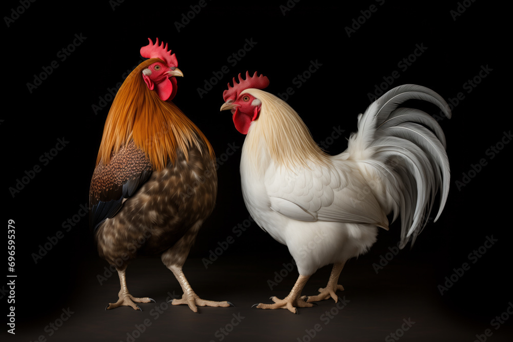Fototapeta premium rooster on the background. Close-up of rooster against black background. Colorful rooster symbol head angry .Close-up portrait of two black hens 