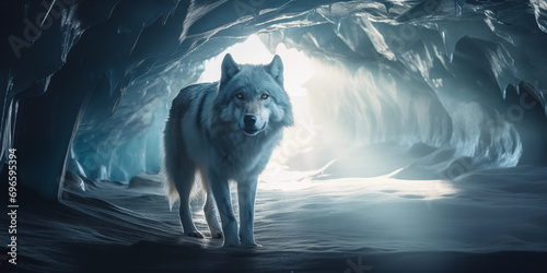 lobo cinzento selvagem dentro de uma caverna de gelo com a luz do sol no fundo - Papel de parede photo