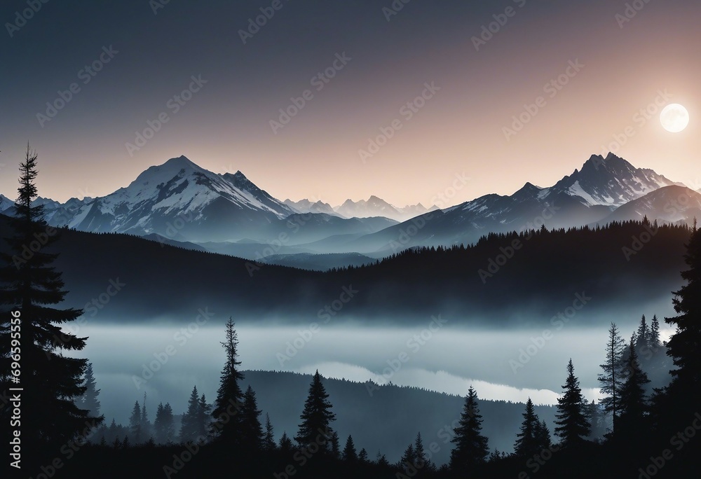 Black silhouette of mountains and fir trees camping adventure wildlife landscape panorama illustration