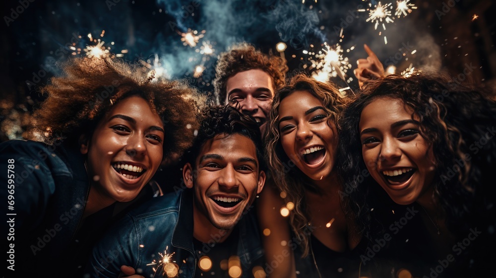 group of diverse friends young men and woman happy on new year's eve party with champagne and fireworks group of diverse friends young men and woman happy on new year's eve party with champagne and fireworks