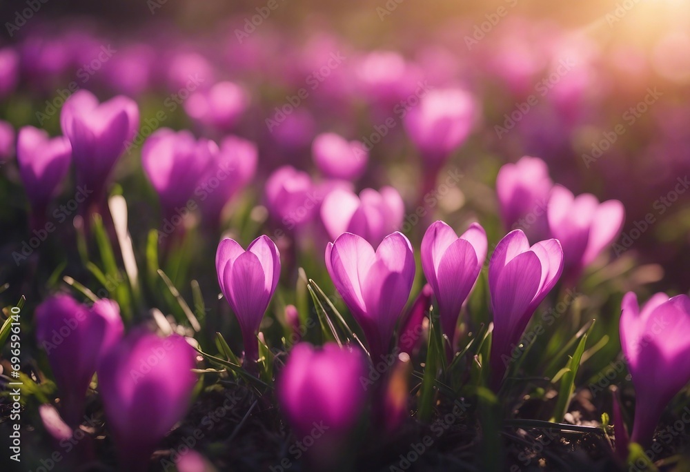 Spring awakening - Blossoming pink crocuses illuminated from the morning sun - Spring background