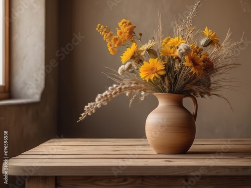 Wooden table with vase with bouquet of dried field flowers near empty  blank mustard wall