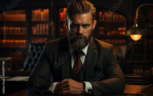 Create Stunning Image of Beard Male Business Man In an Office Wearing Tailored Suit