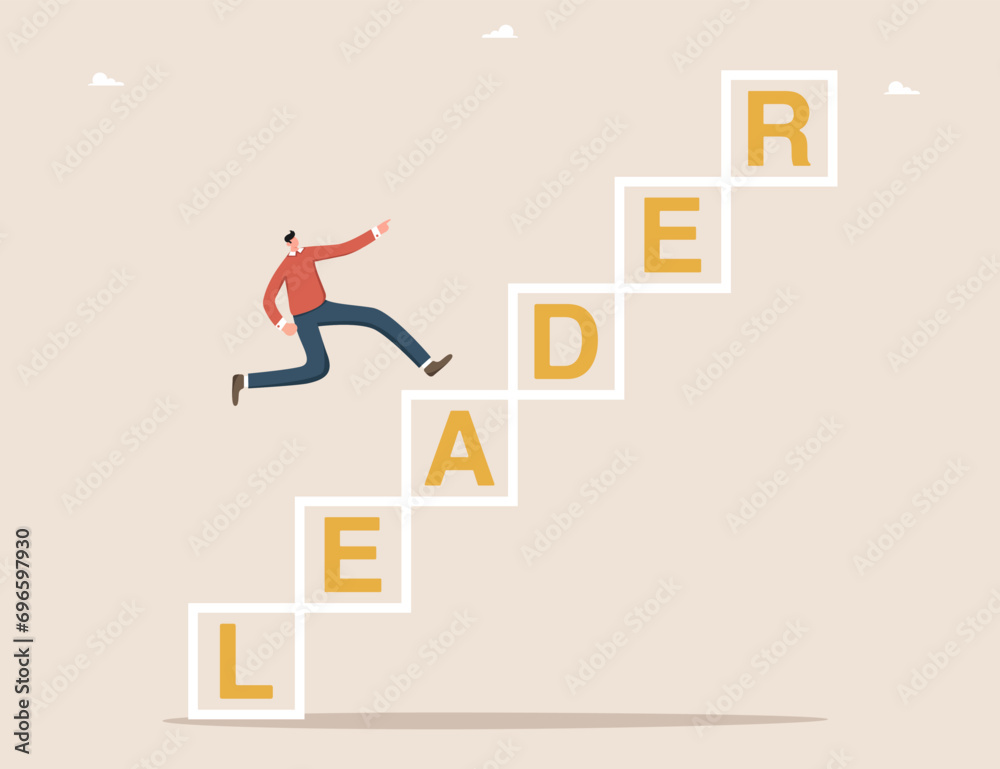 Achieving business goals through hard work, motivation and determination for success, leadership skills for great success or high results and career growth, man running up leader's cubes.