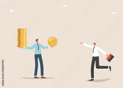 Teamwork for income or salary growth, cooperation for financial and economic stability, leadership assistance in increasing investments or savings, increasing value of currency, leader gives man coin.