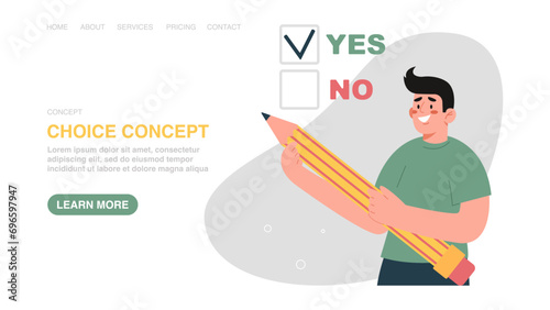 Vector illustration for website with man making yes or no choice. Making business decisions, choosing alternative yes or no, rational thinking to have confidence in strategy or plan of action, voting.