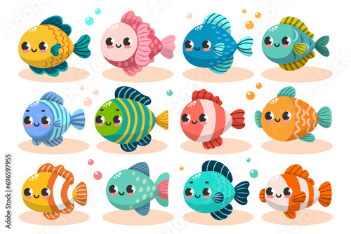 Vector set of colorful cute funny fishes. Undersea world. Aquarium. Oceanic and sea bright colorful fish