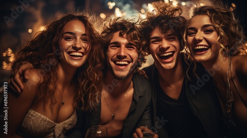group of diverse friends young men and woman happy on new year's eve party with champagne and fireworks