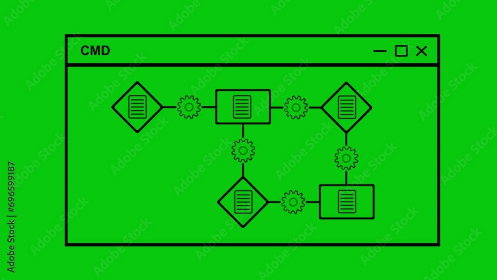 video animation terminal cmd process algorithm icon black color, on a green key chroma background