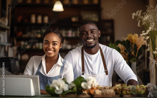 Cheerfull black couple working as a cashiers in the store
