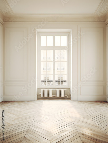 empty room with herringbone parquet flooring and windows