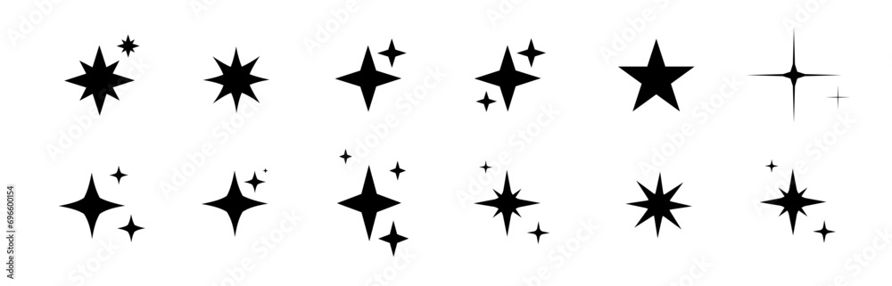 Minimalist silhouette Star icons, star shape vector set. Abstract y2k sparkles. Twinkling stars, abstract sparkle black silhouettes symbol shining burst. Vector Minimalist silhouette Star icons, star shape vector set. Abstract y2k sparkles. Twinkling stars, abstract sparkle black silhouettes symbol shining burst. Vector