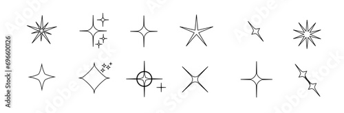 Minimalist silhouette Star icons, star shape vector set. Abstract y2k sparkles. Twinkling stars, abstract sparkle black silhouettes symbol shining burst. Vector