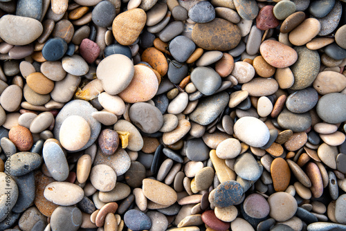 Natural Coastal Aesthetics: Flat Round Pebbles on the Beach