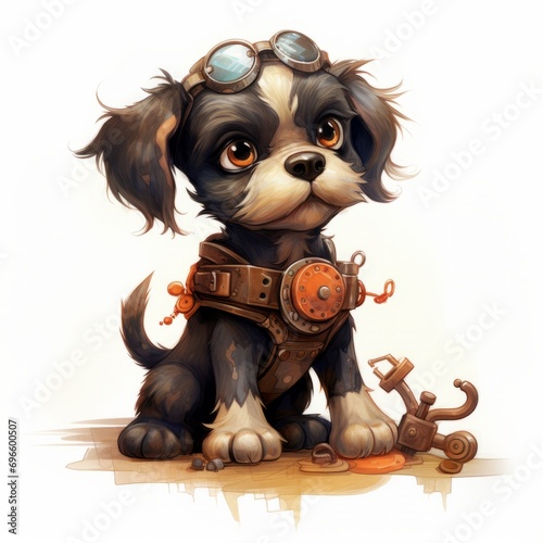 Cute steampunk baby dog, vintage watercolor