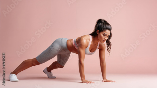 young fitness woman on pink background