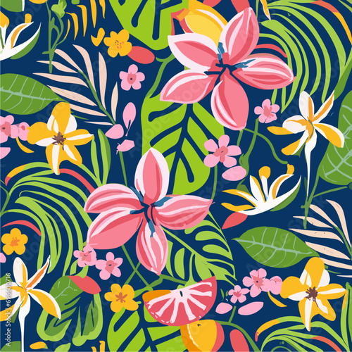 Vector bright summer pattern with tropical flowers  and green leaves on a blue background. Floral  fashion ornament for women clothing  fabric   textile  paper  notepad  card  packaging.