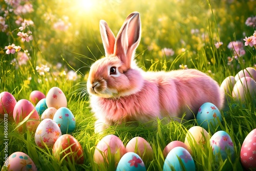 Images for Easter holiday. Pink cute rabbit in the grass on a flower meadow and colorful painted eggs on a sunny day. Generative AI photo