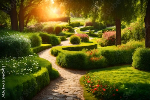 Winding path in summer garden in sunlight. Landscaping in garden with beautiful green lawn, thuja and Apple trees, panoram photo
