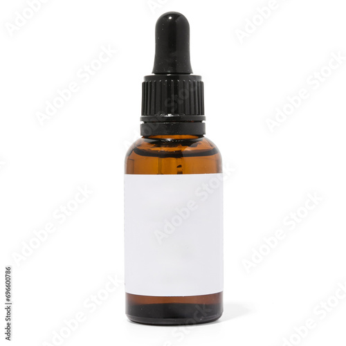 Amber glass dropper bottle on white background with blank label
