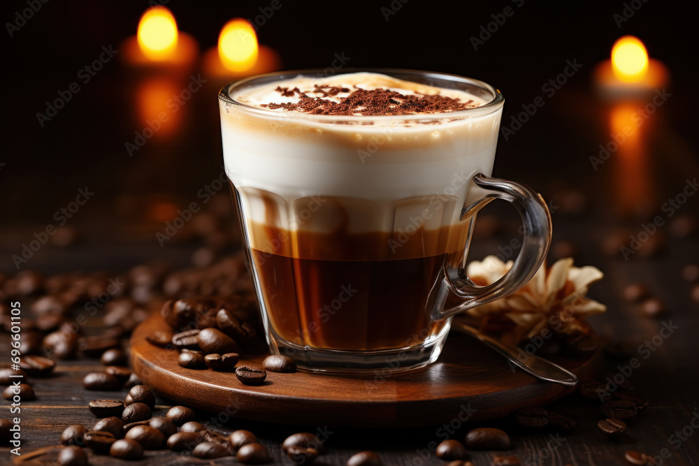 Cup of coffee with milk on a dark background with copy space, hot cappuccino in a glass mugs. Coffee beans are near mugs on the tray Cup of coffee with milk on a dark background with copy space, hot cappuccino in a glass mugs. Coffee beans are near mugs on the tray