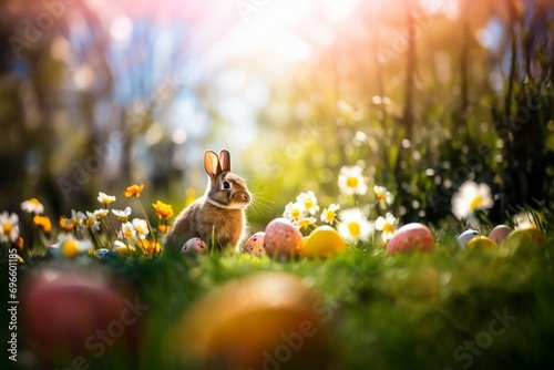 Light brown Easter fluffy cute bunny on green flowers grass . Sunny festive evening, blue sky with small clouds, ears glowing in the sun, colorful eggs scattered nearby. Wallpaper background © chudovert