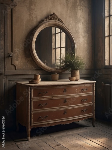 Ancient vintage classic dresser near dilapidated wall. Retro grunge home interior