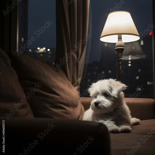 Cachorro branco fofo no sofa dentro de uma casa sobre a iluminação de um abajur de mesa e janela desfocada ao fundo - Papel de parede  photo