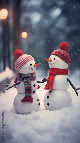 Dois bonecos de neve com chapéu e cachecol vermelho na neve - Papel de parede  photo